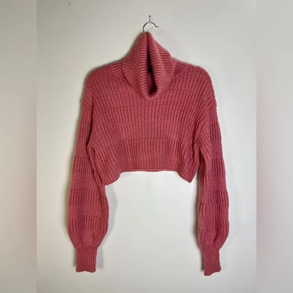 Urban Outfitters Pink Cropped Turtleneck Sweater S Ribbed Knit Barbie Cozycore - Picture 5 of 10